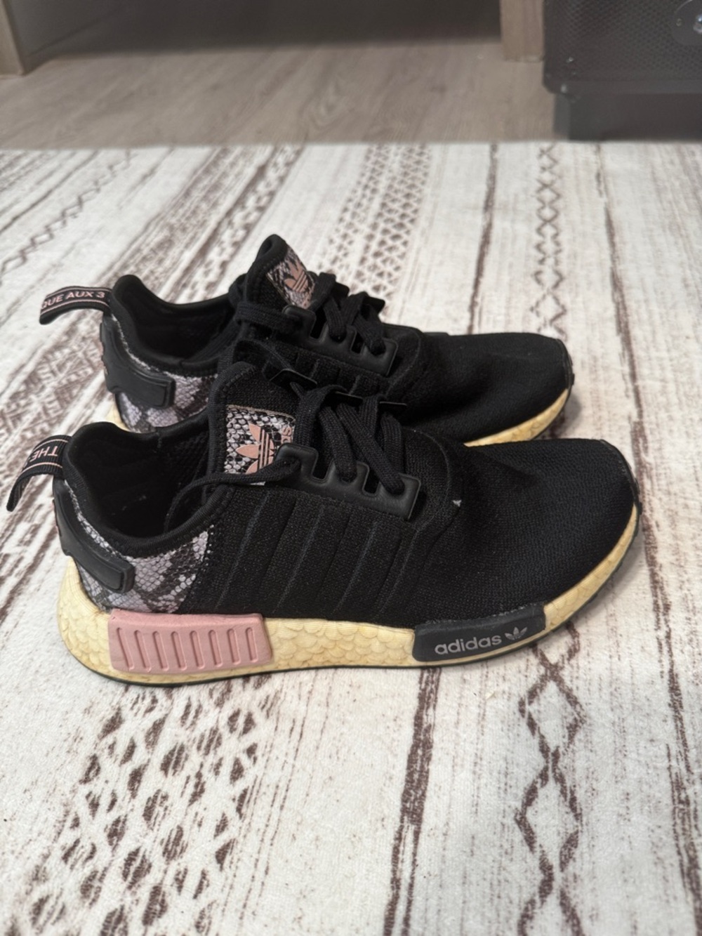 adidas Black NMD R1 with Pink Snake-Print Heel